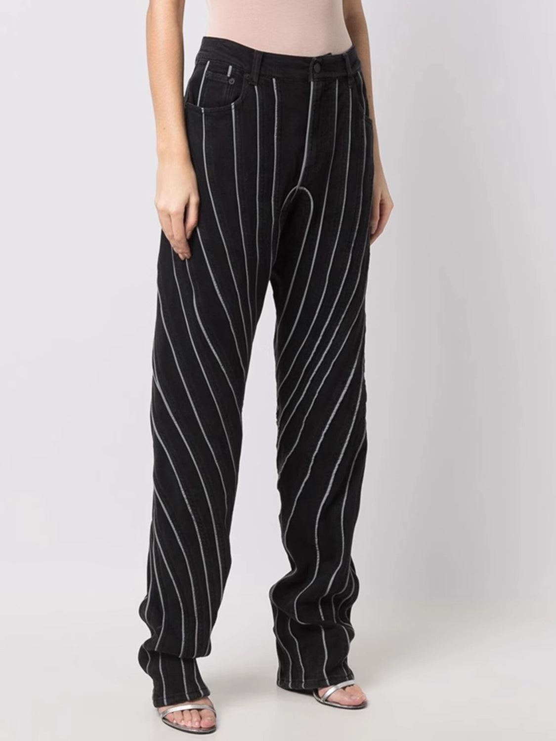 Striped Straight Jeans with Pockets Black
