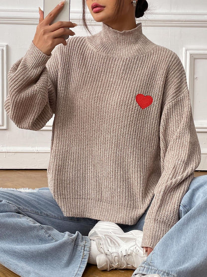 Heart Turtleneck Dropped Shoulder Long Sleeve Sweater Khaki