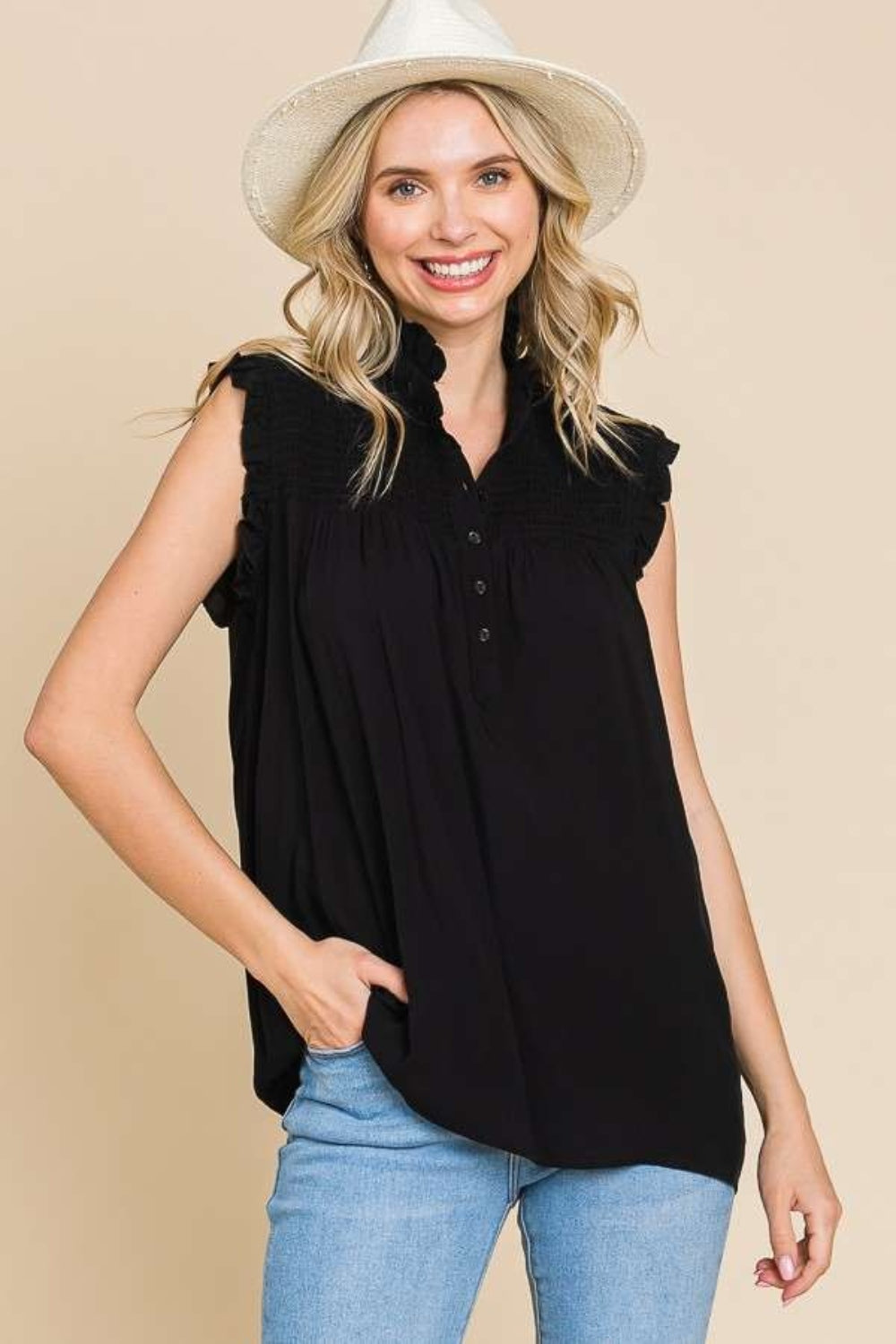 Culture Code Full Size Frill Edge Smocked Sleeveless Top Black