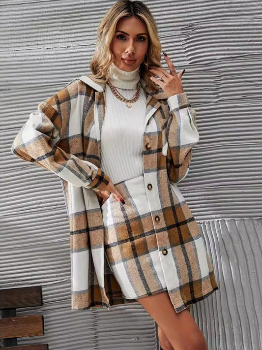 Plaid Button Up Long Sleeve Coat and Skirt Set Camel