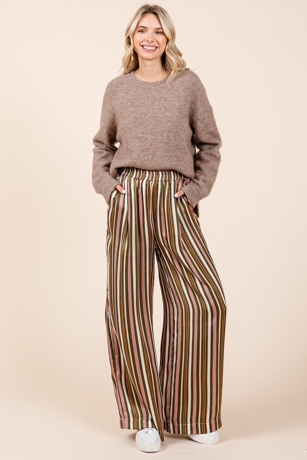 Mittoshop Striped Satin Elastic Waist Wide Leg Pants Mauve Multi