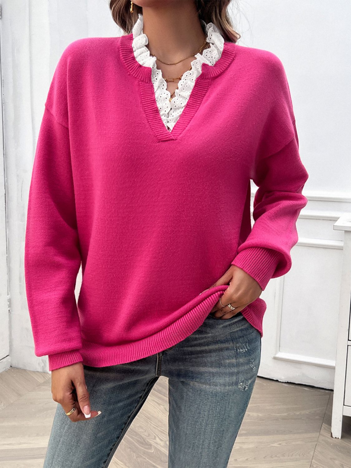 Women's Lace Trim Sweater Hot Pink