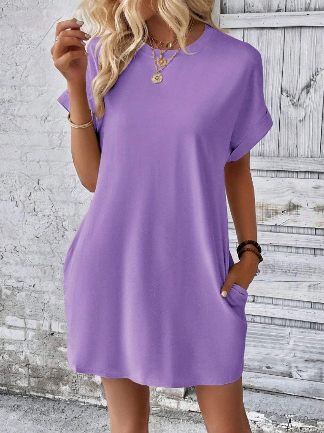Casual Pocketed Round Neck Tee Dress