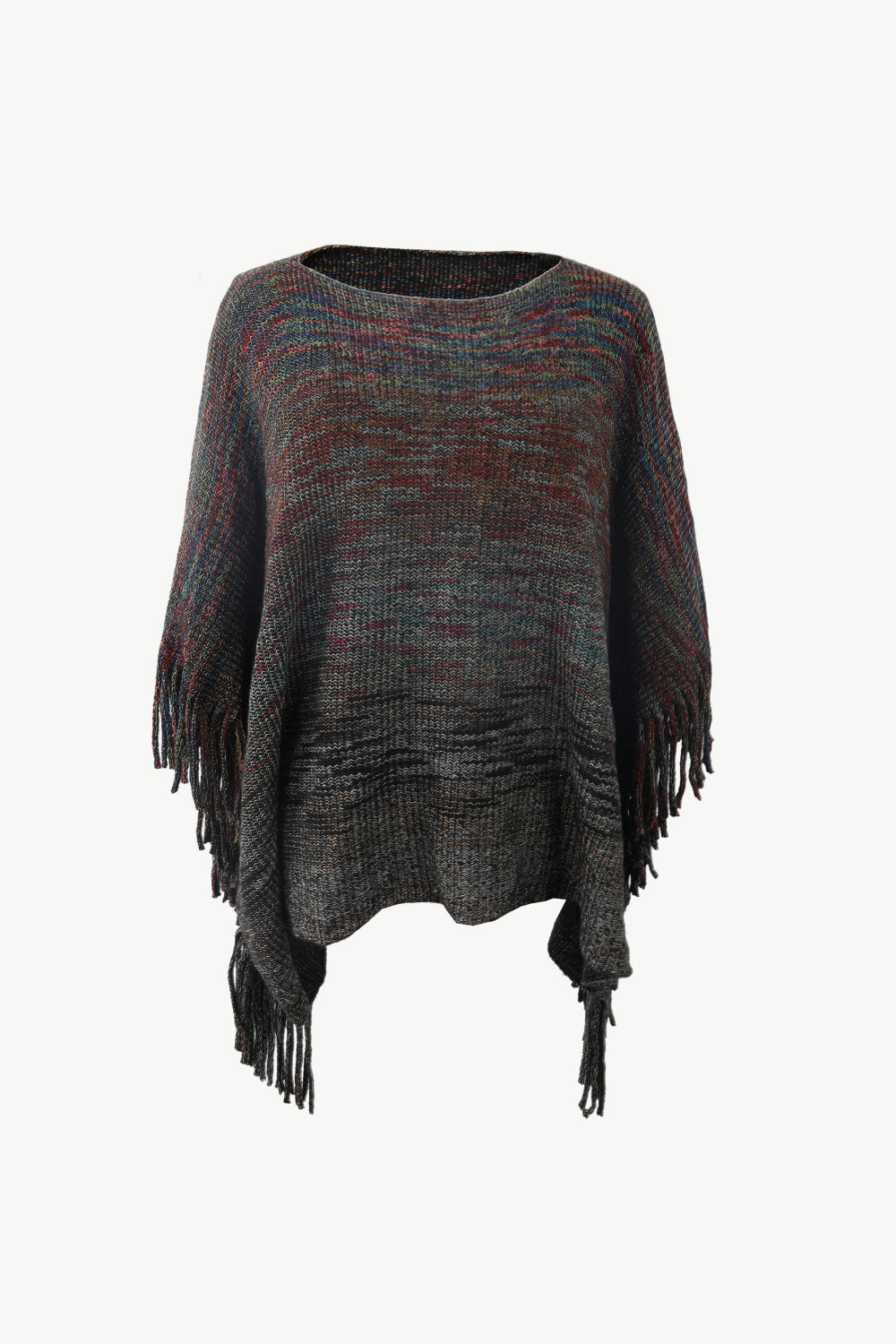 Round Neck Fringe Detail Poncho Black One Size