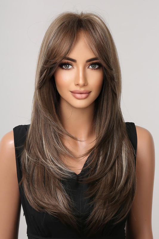 22" Long Straight Full Machine Wig (Synthetic Heat Resistant) Brown Blonde Highlights One Size