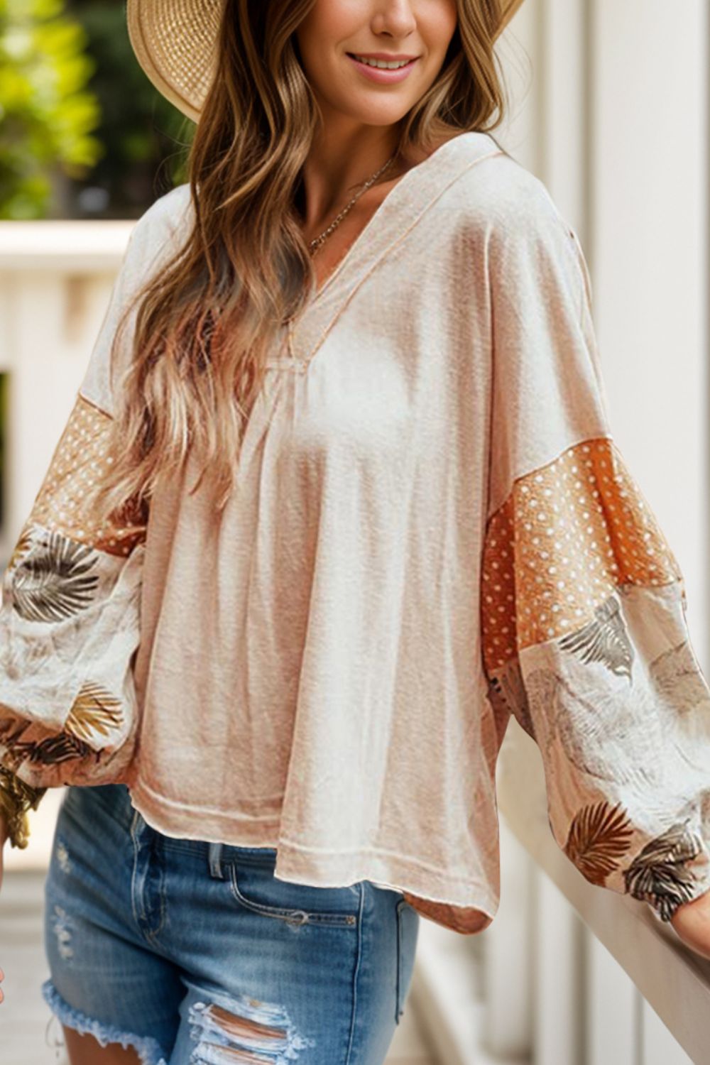 Printed V-Neck Long Sleeve Blouse Dust Storm