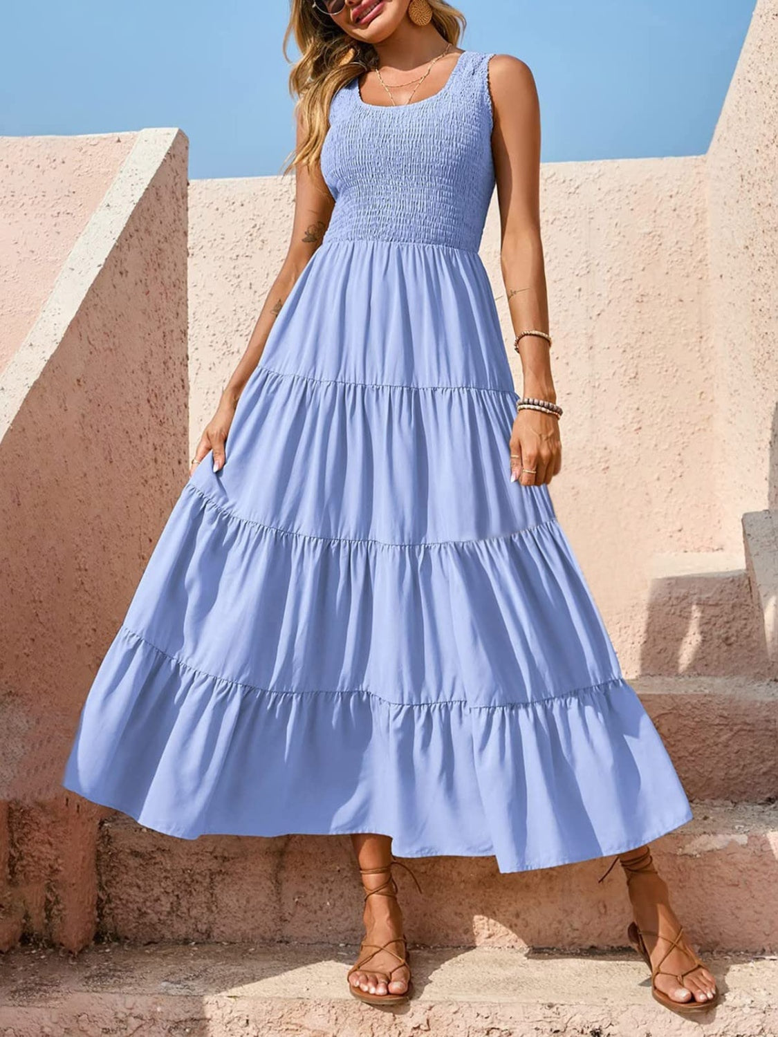 Smocked Tiered Midi Dress with Wide Straps