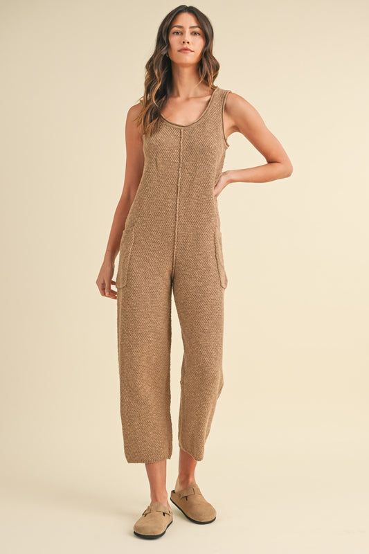 MABLE Sleeveless Knit Crop Jumpsuit with Pockets Mocha