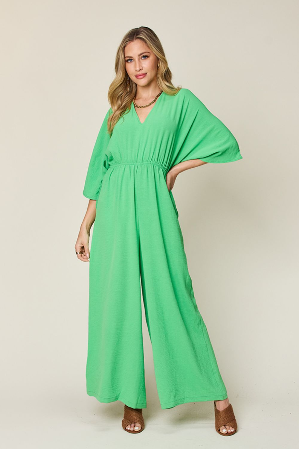 Tie-Waist Jumpsuit with Wide Legs and Short Sleeves Mid Green