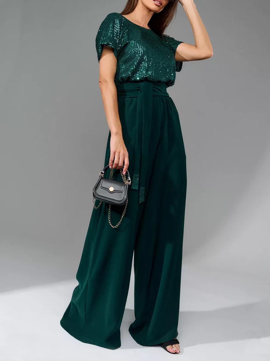 Full Size Sequin Round Neck Short Sleeve Wide Leg Jumpsuit Dark Green