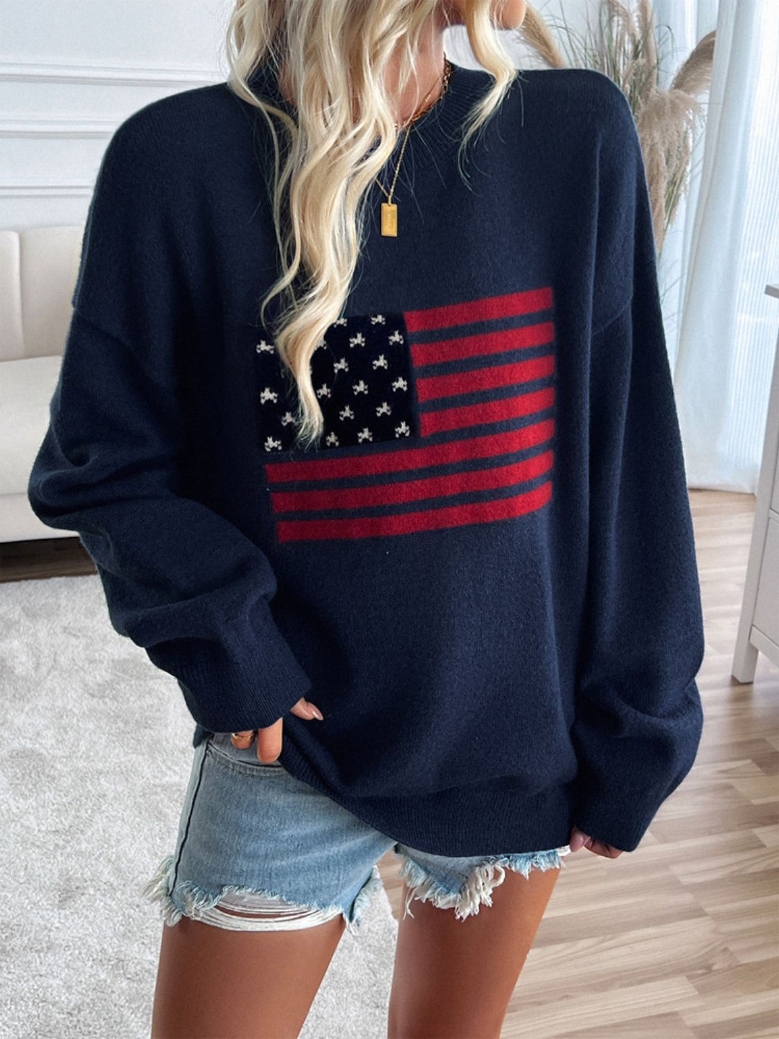 Devine US Flag Round Neck Long Sleeve Knit Top Dark Blue