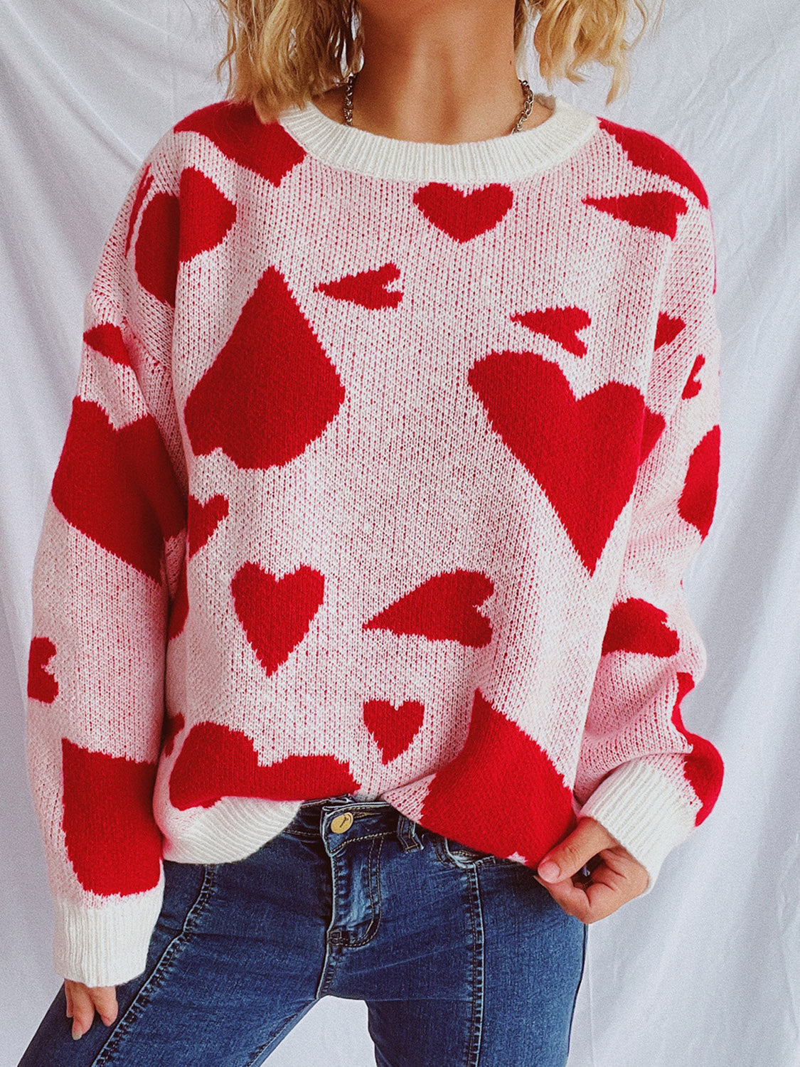 Heart Round Neck Long Sleeve Sweater Deep Red