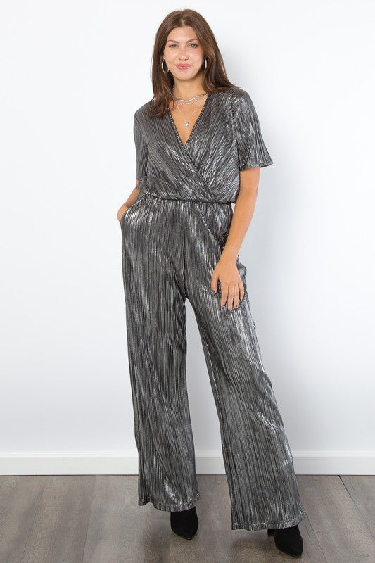 Be Stage Surplice Short Sleeve Pleated Foil Jumpsuit Silver