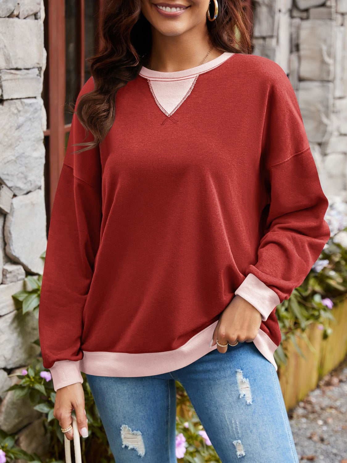 Women's Contrast Long Sleeve Sweatshirt Burgundy