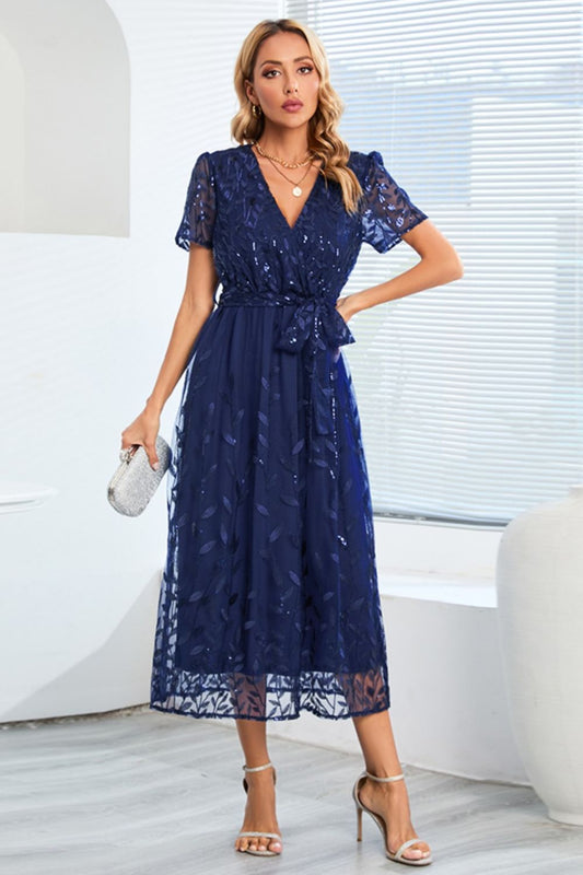 Sequin Leaf Embroidery Tie Front Short Sleeve Dress Dark Blue