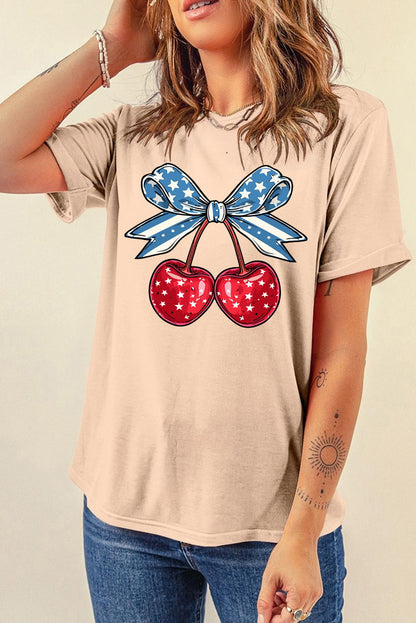 Cherry Graphic Round Neck Short Sleeve T-Shirt Tan