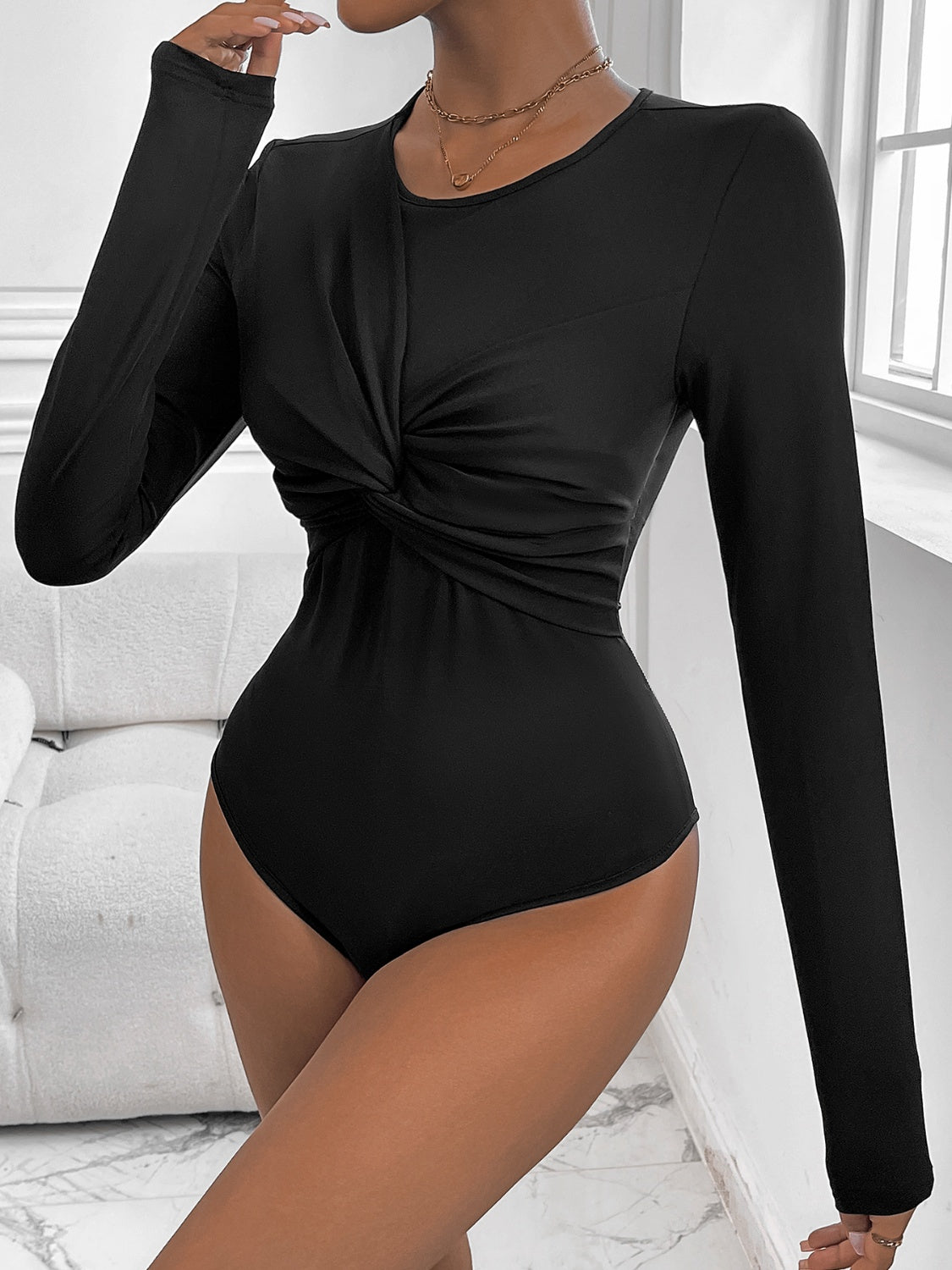 Perfee Twisted Round Neck Long Sleeve Bodysuit Black