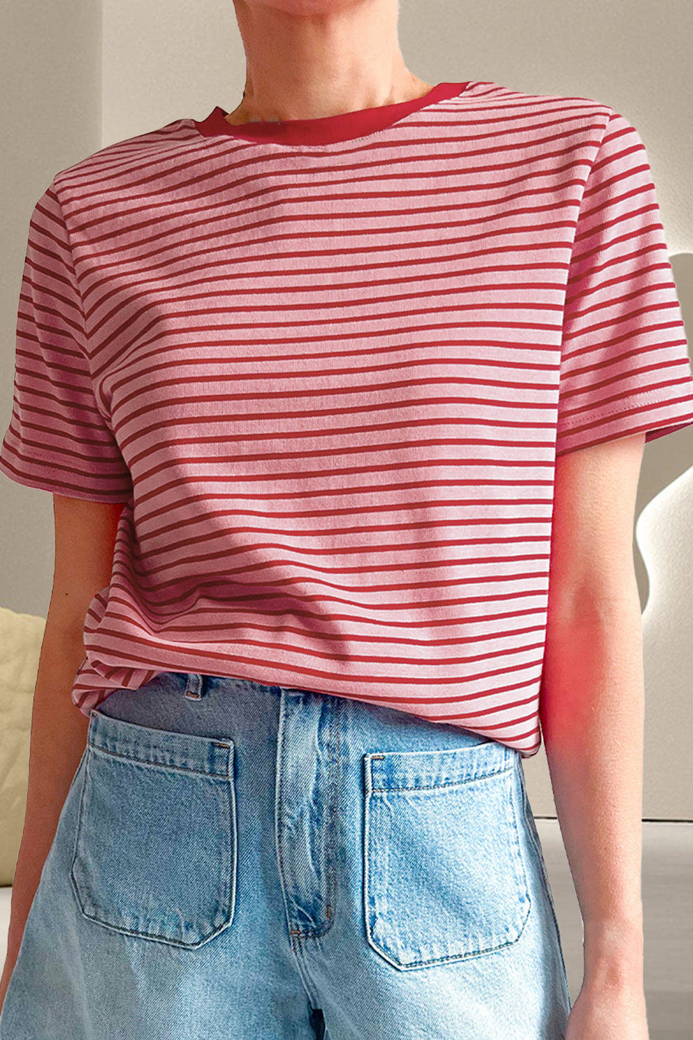 Striped Round Neck Short Sleeve T-Shirt Deep Red
