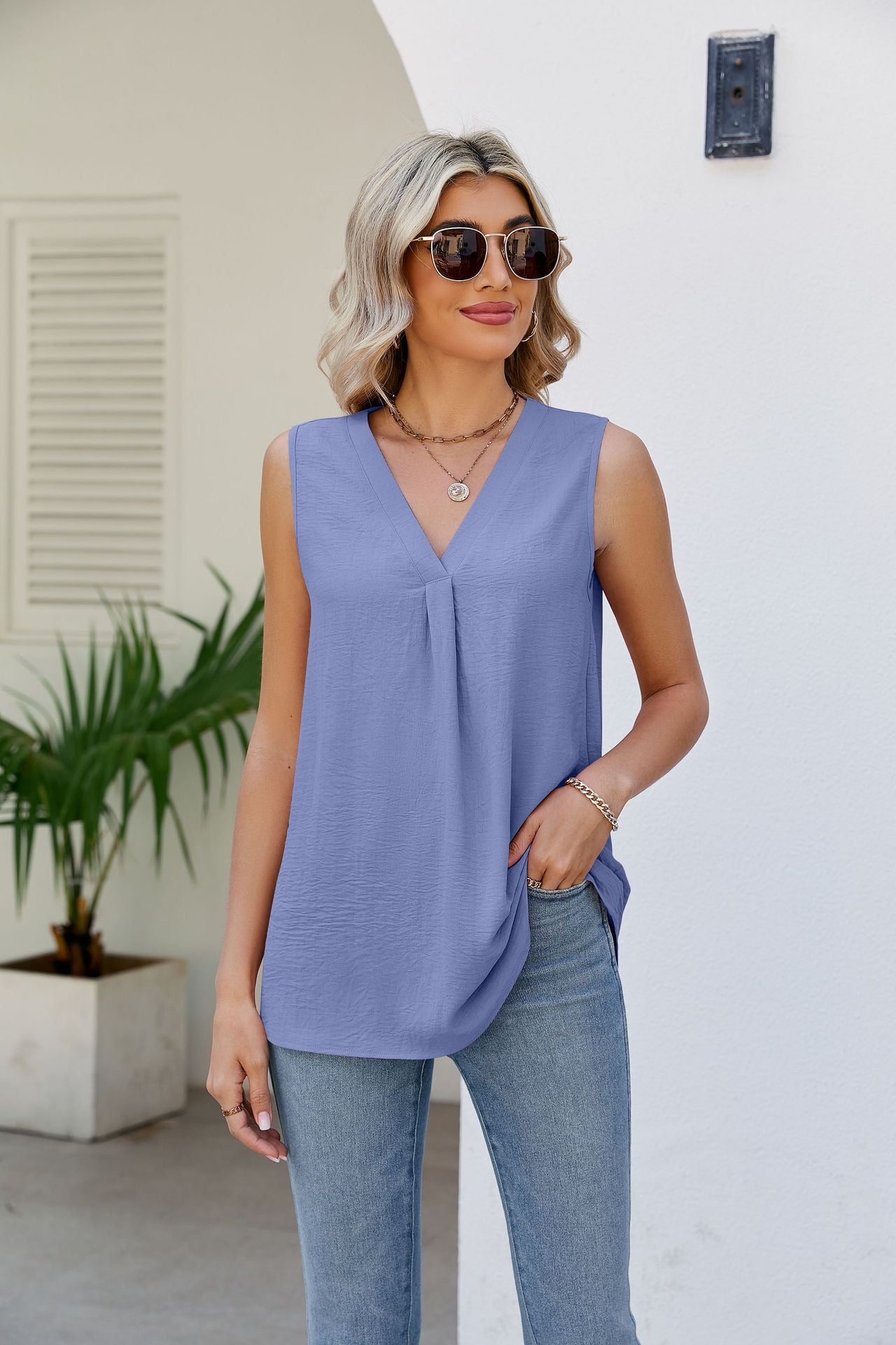 V-Neck Tunic Tank Top Dusty Blue