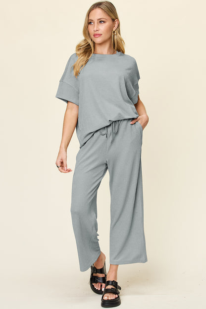 Textured Knit Top and Wide Leg Pant Set