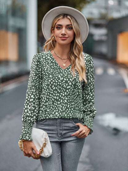 Printed V-Neck Lantern Sleeve Blouse Sage