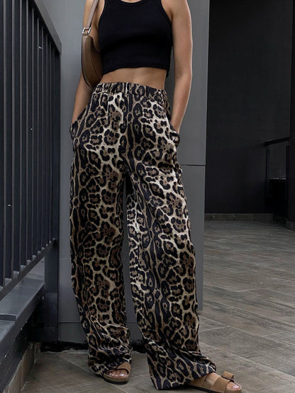 Leopard High Waist Wide Leg Pants Black