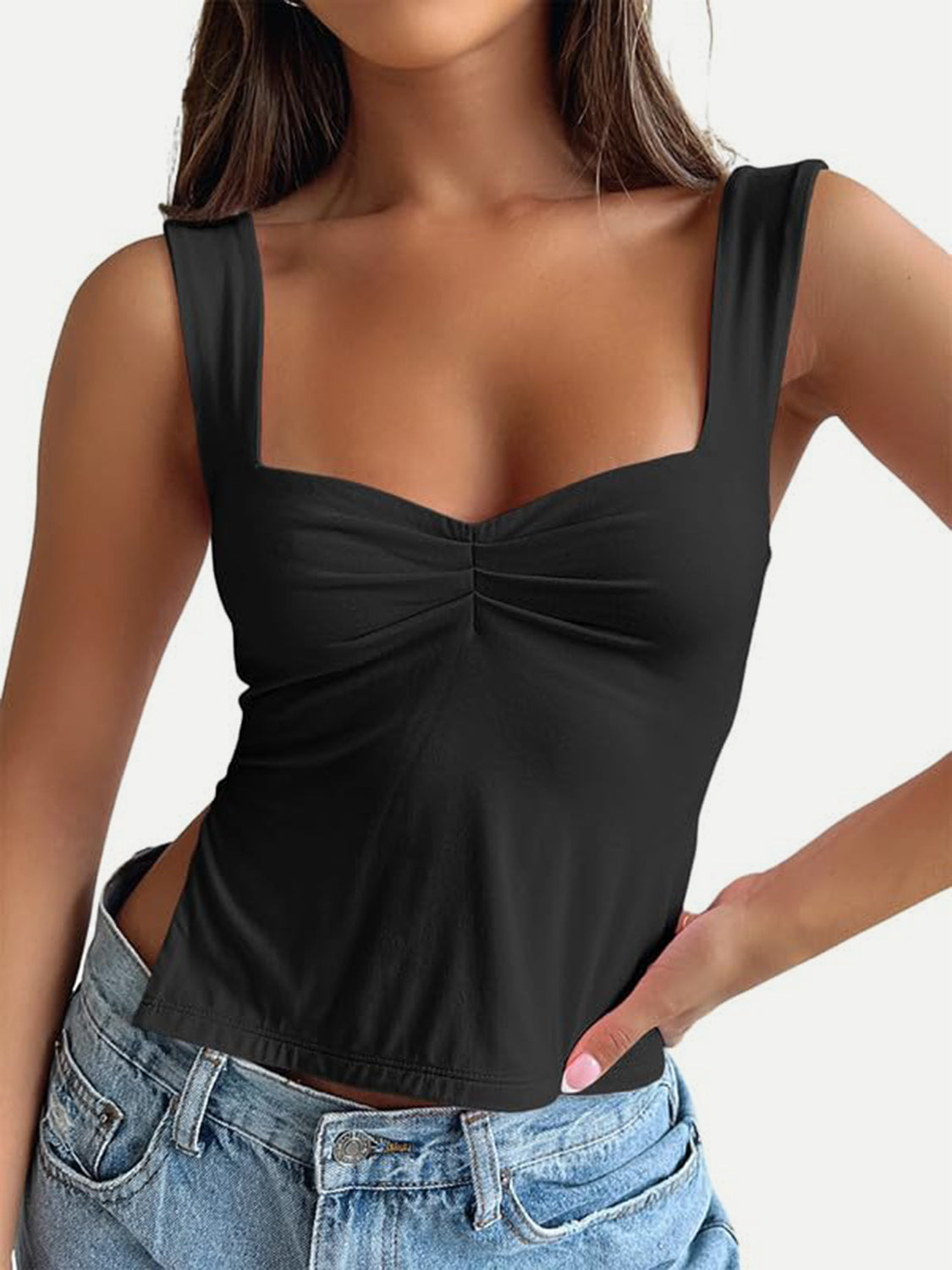 Ruched Sweetheart Neck Wide Strap Tank Black