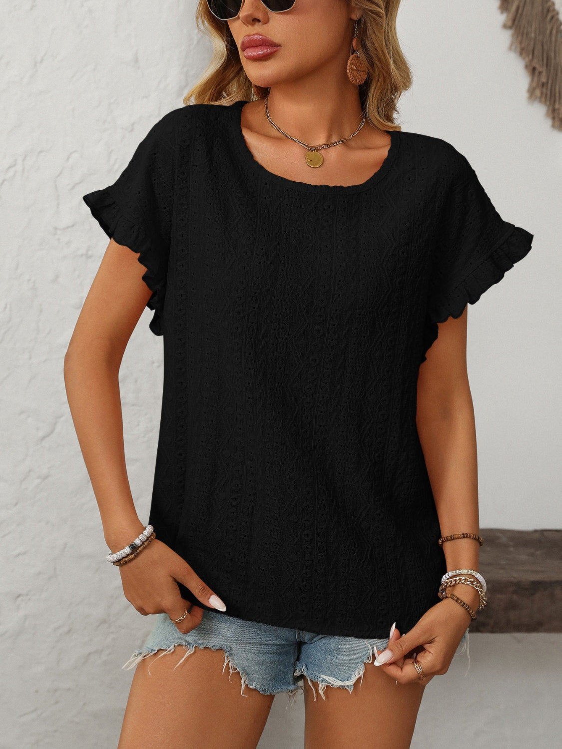 Mandy Eyelet Round Neck Short Sleeve Top Black