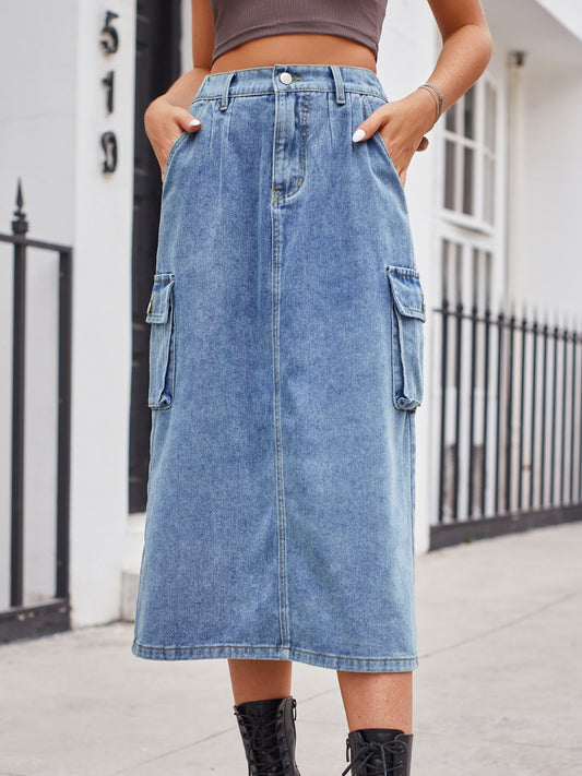 Slit Buttoned Denim Skirt with Pockets Dusty Blue