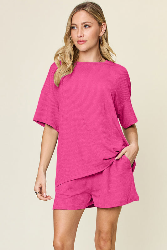 Slightly Stretchy Round Neck T-Shirt & Shorts Set Hot Pink