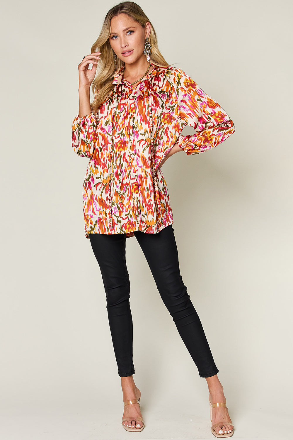 Printed Long Sleeve Button-Down Top