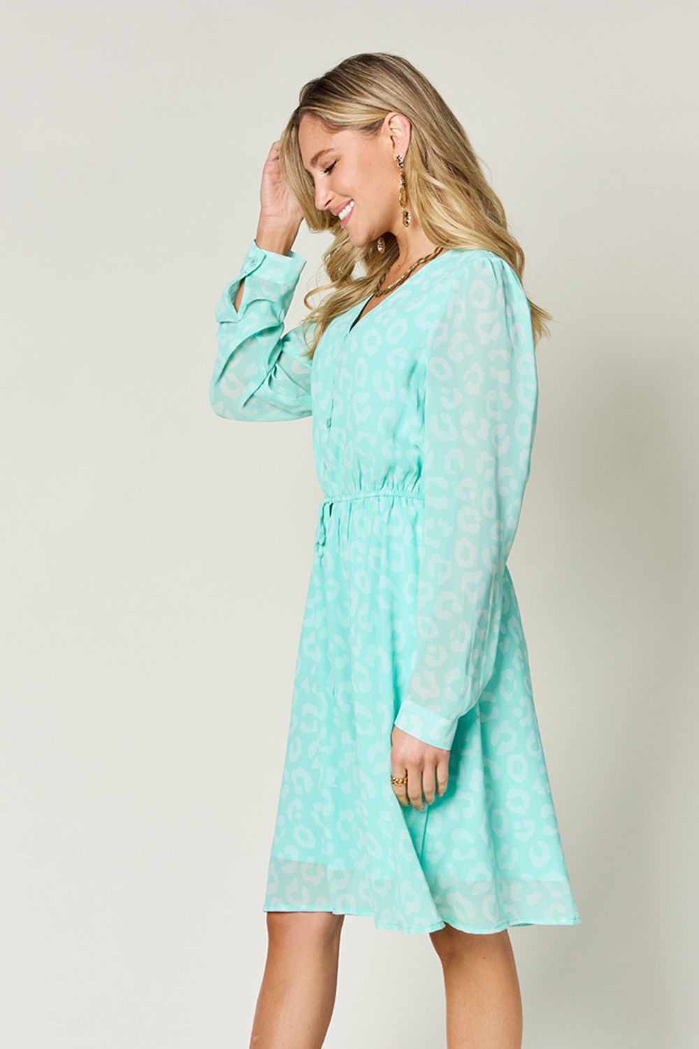 Printed Ruched V-Neck Long Sleeve Dress