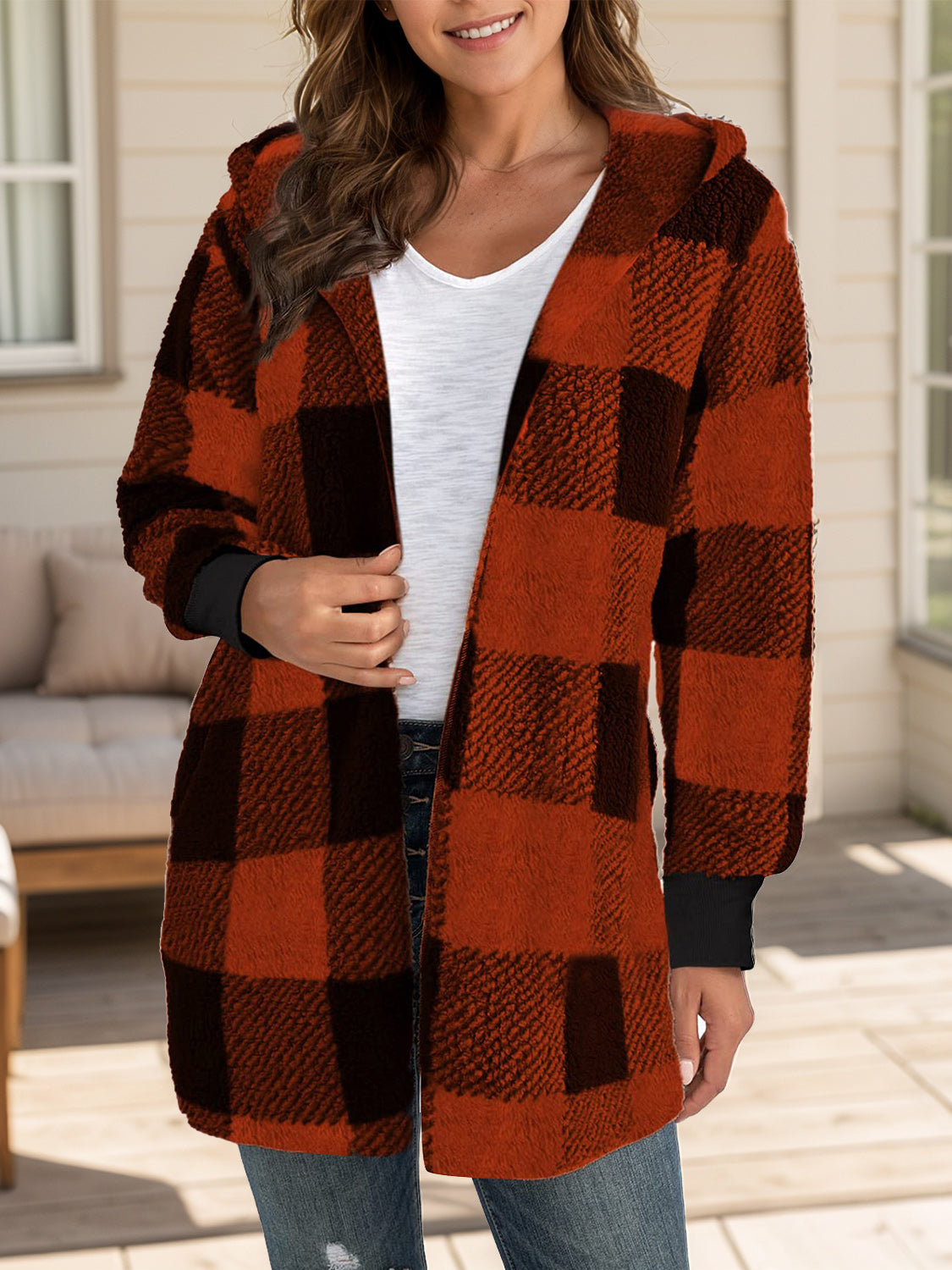 Plaid Long Sleeve Hooded Coat Burgundy