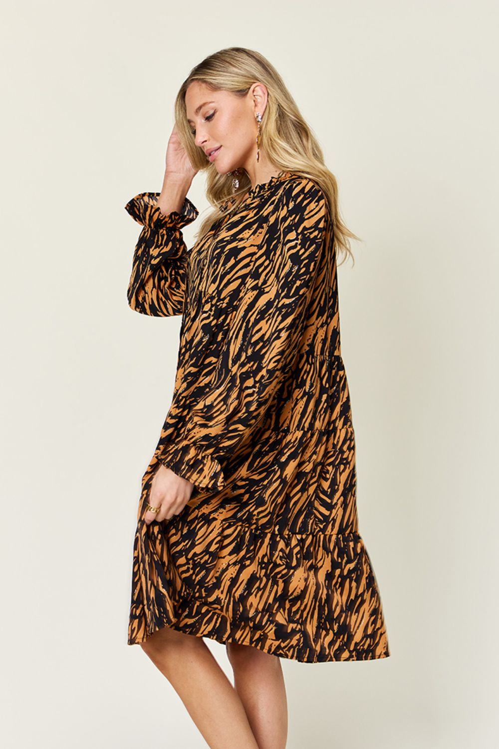 Printed Ruffle Hem Long Sleeve Dress