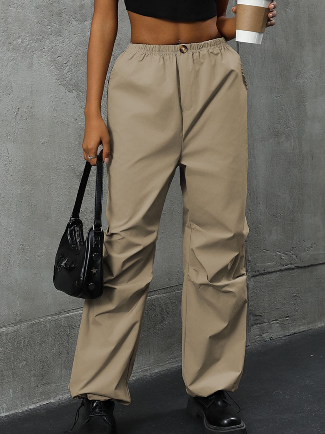 Pocketed Elastic Waist Pants Khaki