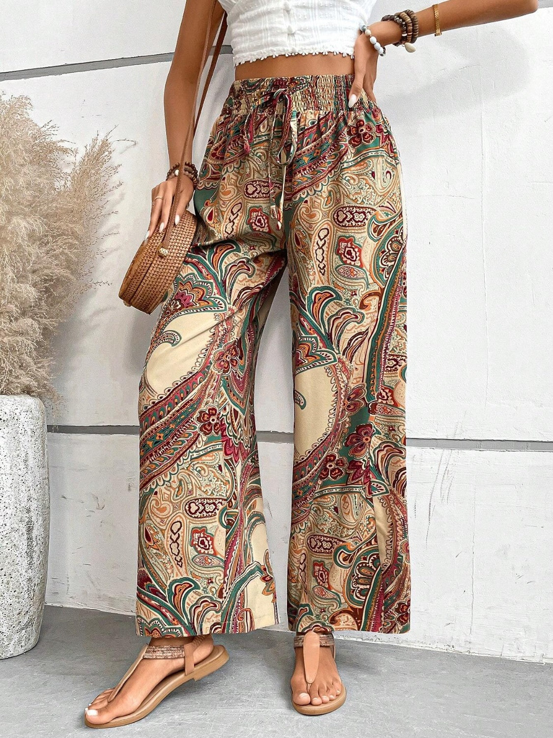 Tie Waist Printed Wide Leg Pants