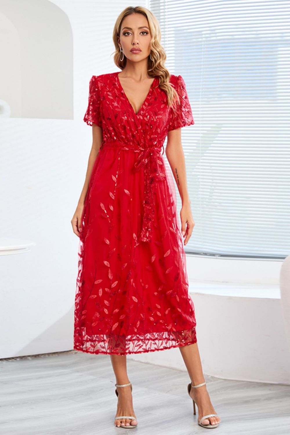 Sequin Leaf Embroidery Tie Front Short Sleeve Dress Deep Red