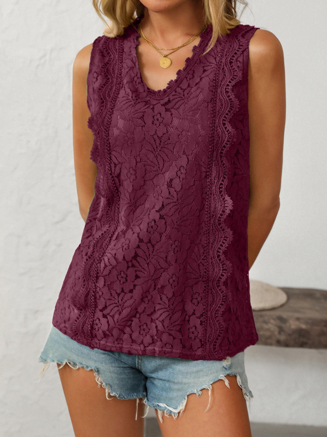 Mandy Lace V-Neck Tank Burgundy