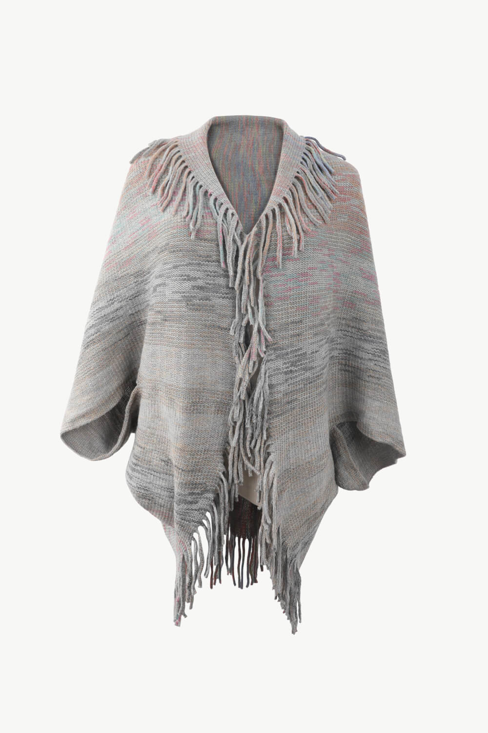 Multicolored Fringe Trim Poncho Gray One Size