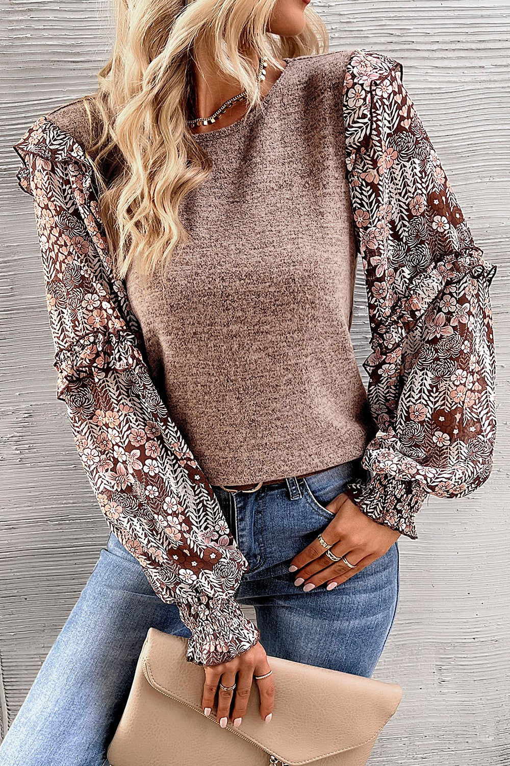 Heathered Floral Frill Lantern Sleeve Blouse Khaki