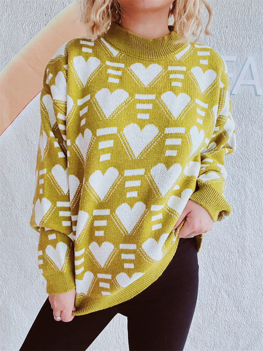 Heart Contrast Long Sleeve Dropped Shoulder Sweater Mustard One Size