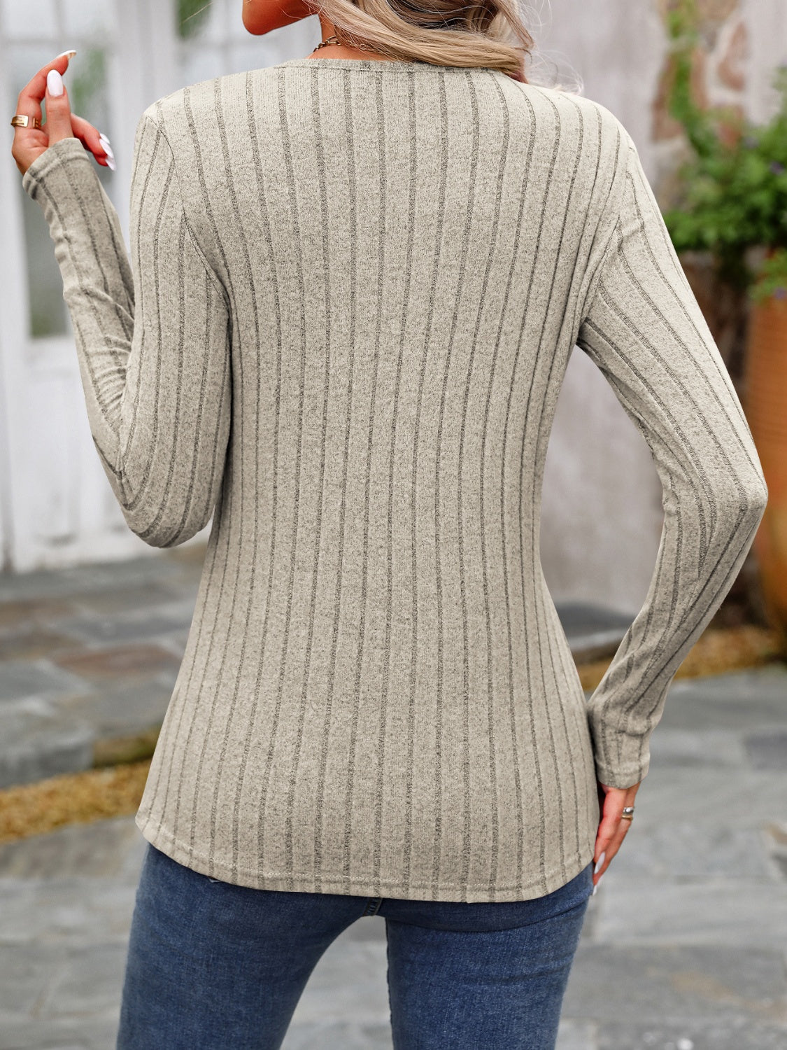 Decorative Button Round Neck Long Sleeve T-Shirt