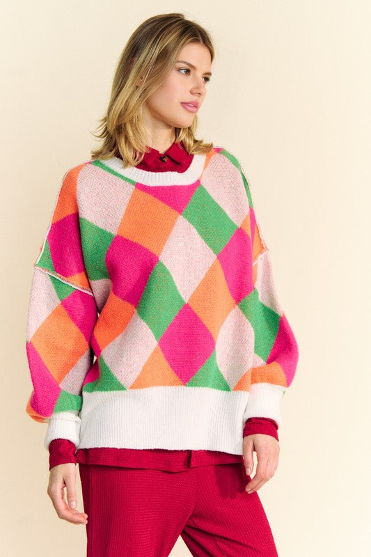 Davi & Dani Exposed Seam Color Block Dropped Shoulder Sweater Pink Orange