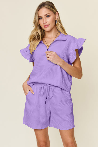 Textured Flounce Sleeve & Drawstring Shorts Set Lavender