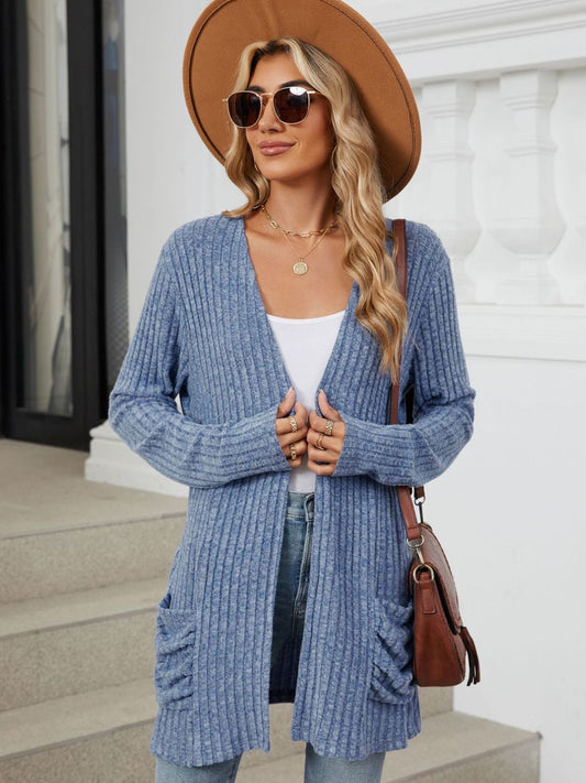 Pocketed Open Front Long Sleeve Cardigan Dusty Blue