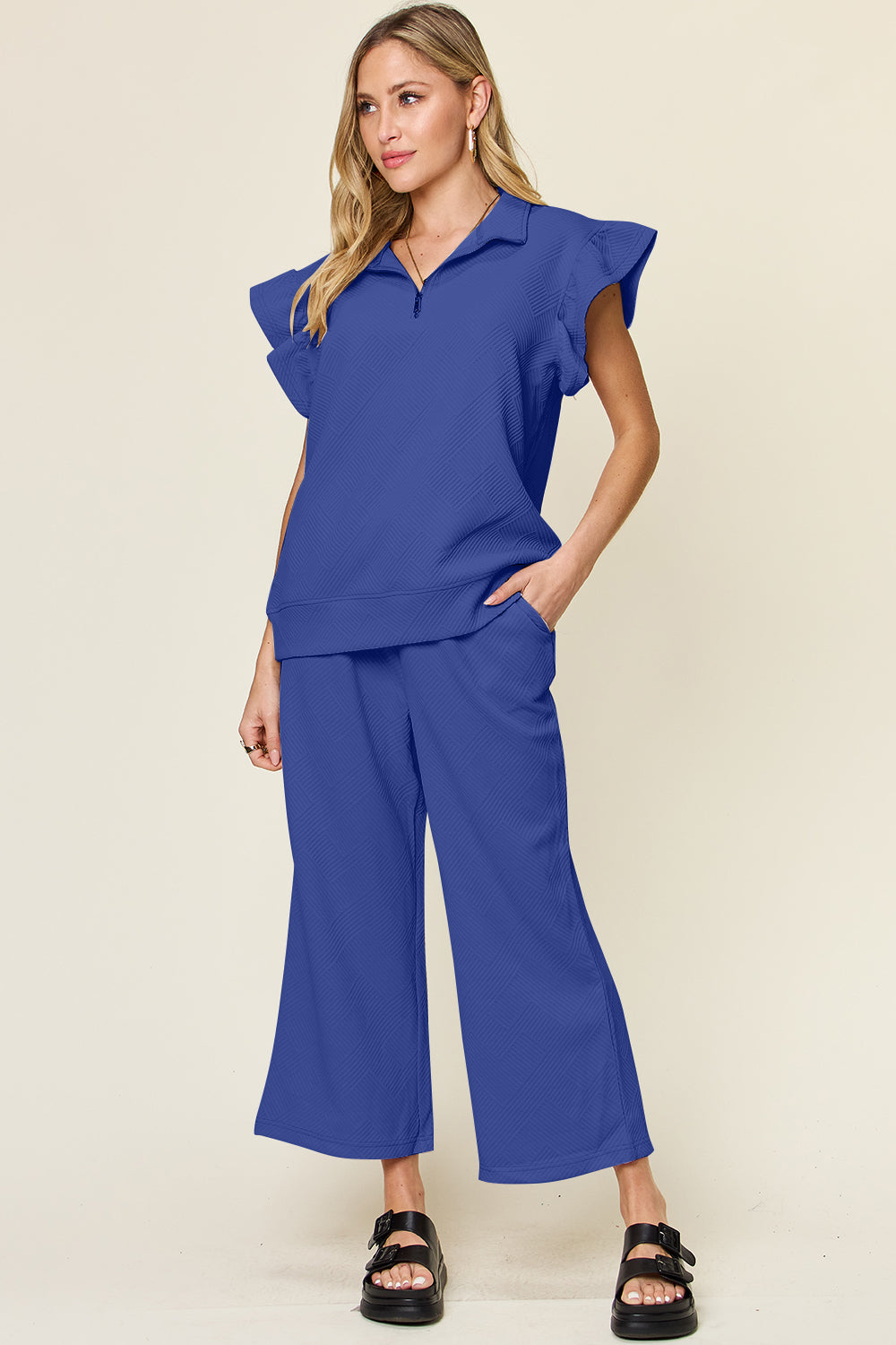 Textured Ruffle Top & Drawstring Wide Leg Pants Set Royal Blue