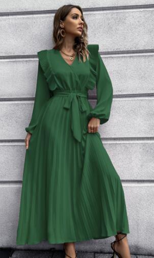 Women's temperament V-neck hem pleated dress Green