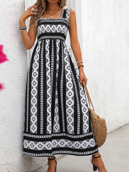 Printed Square Neck Wide Strap Cami Dress Black