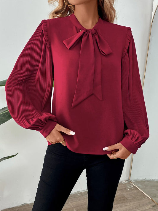 Perfee Frill Tie Neck Long Sleeve Blouse Burgundy