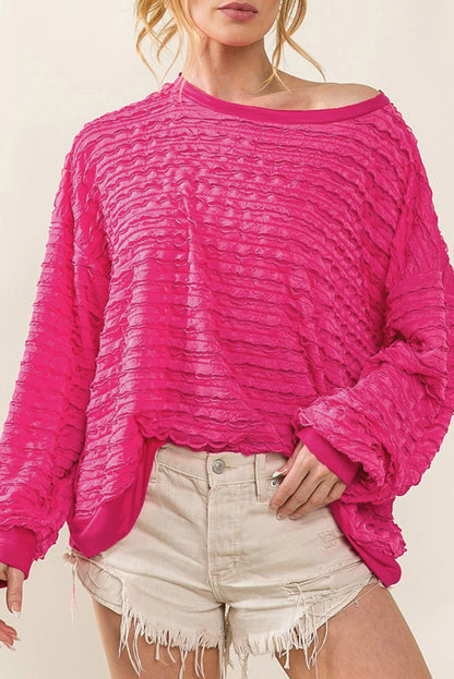 Texture Round Neck Dropped Shoulder Top Hot Pink